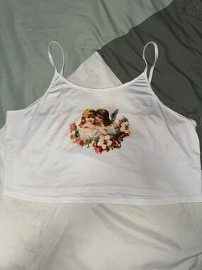 White Spaghetti Strap Crop Top with Cherub & Floral Graphic